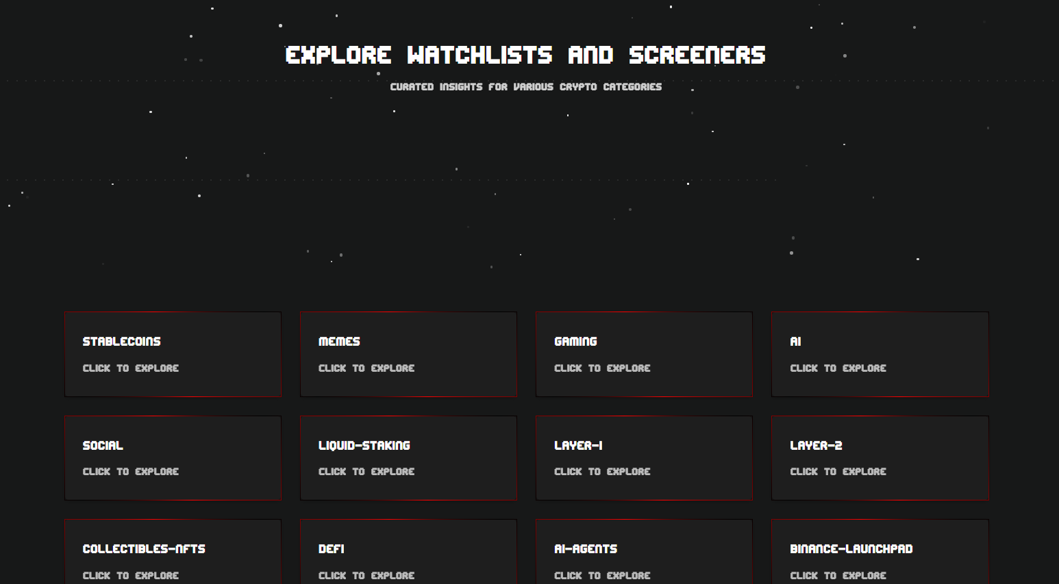 A section of the Watchlist page showing several predefined category cards.