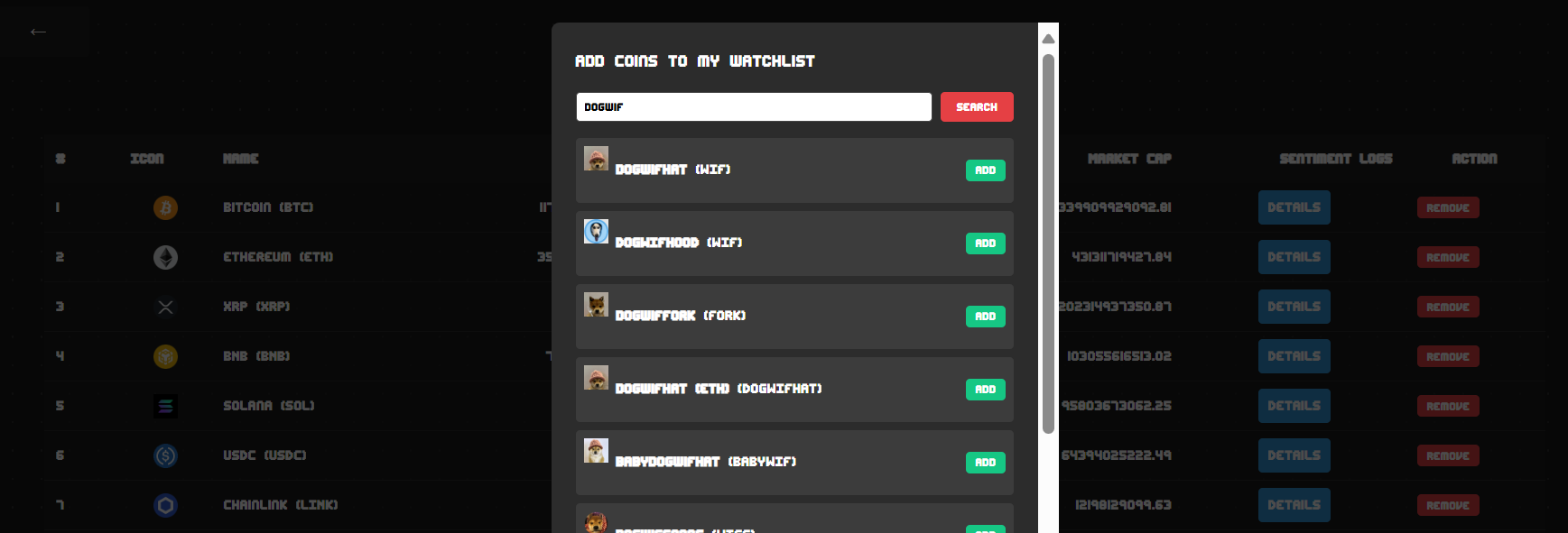 The search modal for adding a coin to a watchlist.