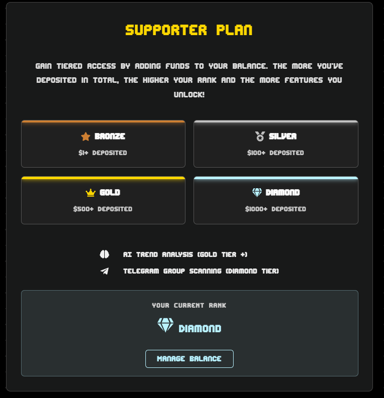 The &quot;Supporter Plan&quot; card from the subscription plans page, showing the different tiers.