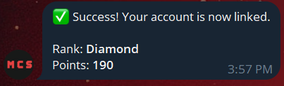 The confirmation message showing &quot;Success! Your account is now linked.&quot; along with the user&#39;s rank and points.