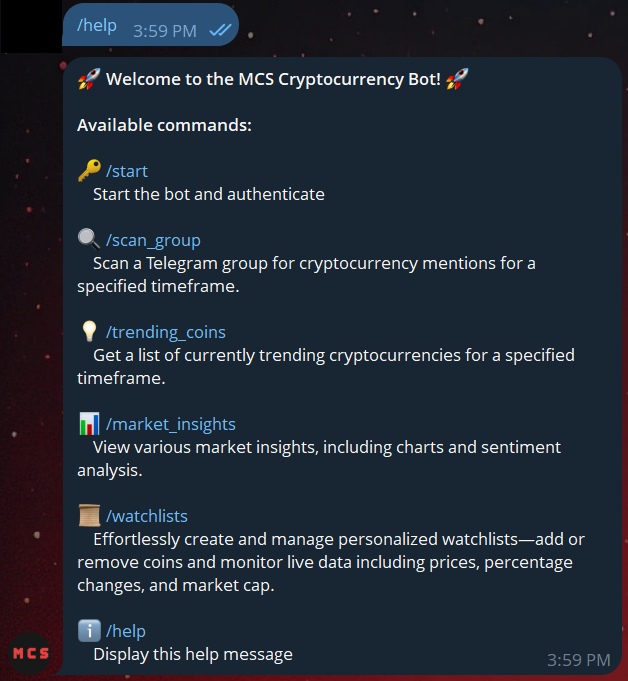 The response from the /help command in Telegram, showing the list of available commands.