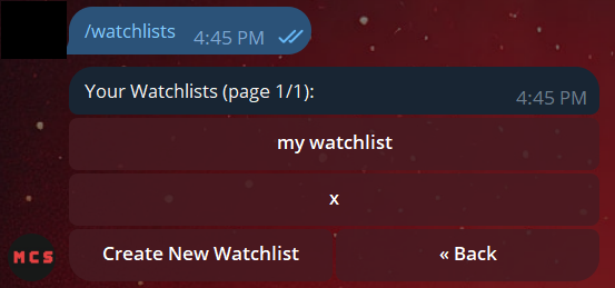 The &quot;My Watchlists&quot; menu in Telegram, showing options like &quot;Create New Watchlist&quot; and a list of existing user watchlists.