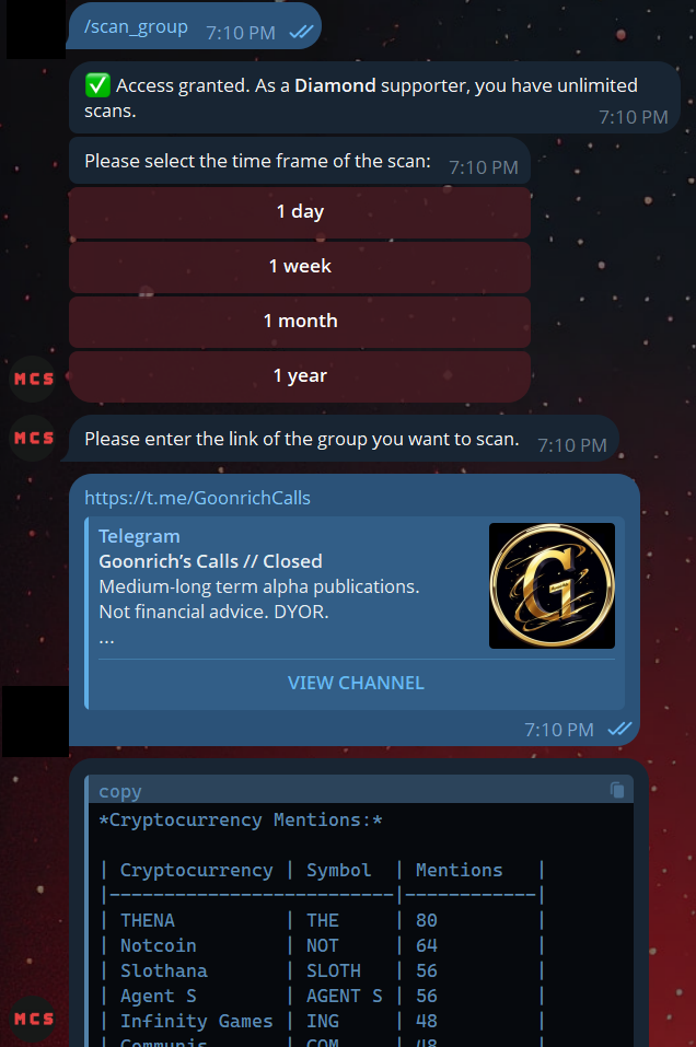 The bot&#39;s response after a successful group scan, showing a ranked list of mentioned cryptocurrencies.