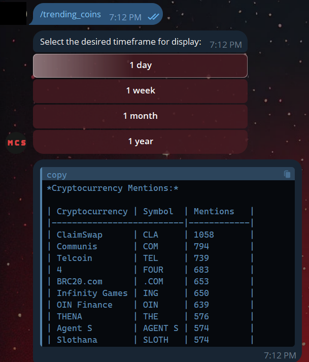 The bot&#39;s response to /trending_coins, showing a list of top 5 or top 10 trending coins.