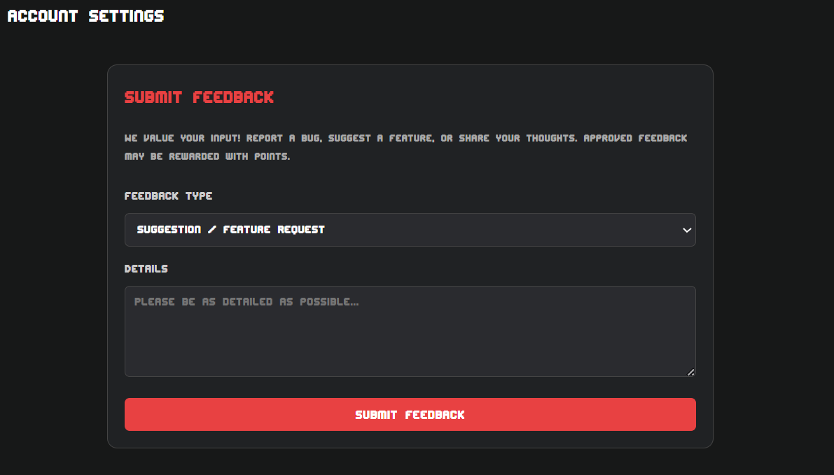 The &quot;Feedback&quot; form with type selection and detail field.