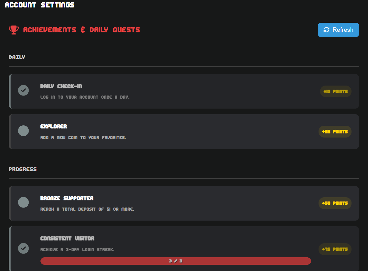 The Quests page showing different quest categories and individual quest items.