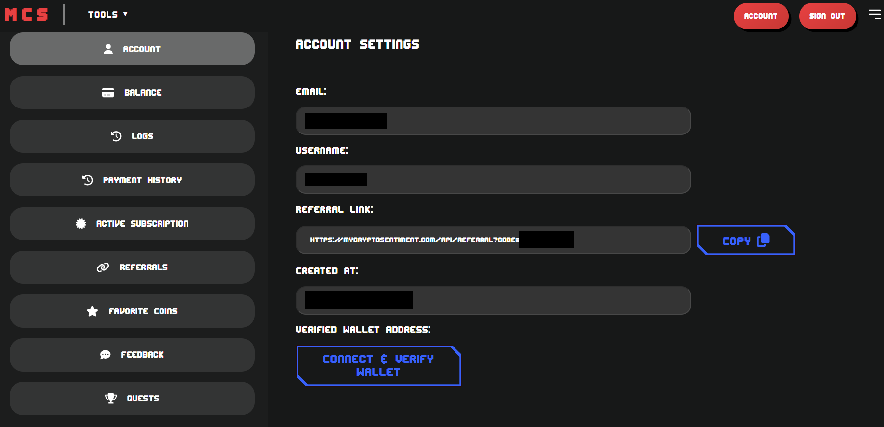 The Account page sidebar with &quot;Account&quot; selected by default.